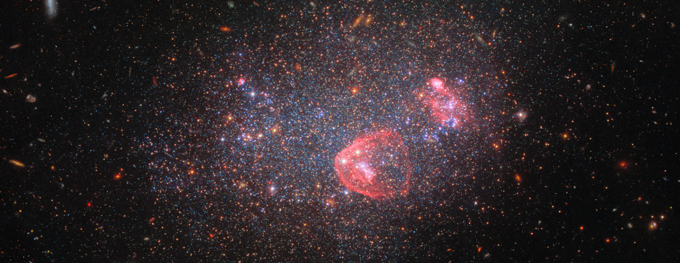 A collection of stars and galaxies fill the scene against a dark background. The image is dominated by a dense collection of stars which make up the irregular galaxy UGC 8091. The stars span a variety of colors, including blue and orange, with patches of blue occupying the central part of the galaxy. There are also visible circular regions of red/pink gas within the galaxy.