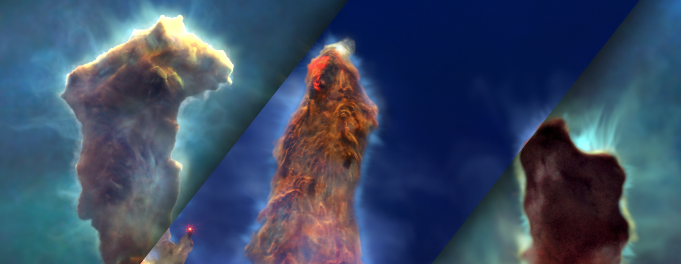 Mosaic of the Pillars of Creation visualization model, composed of 3 rectangular strips oriented 45 degrees clockwise from vertical. Strips alternate between Hubble and Webb views of the visualization model. The Webb strip has drop shadows that make it look like it's overlaid on top of larger Hubble image. The mosaic shows 3 vertical structures (pillars) of thick smoke-like material. Pillar edges are glowing, with thin wisps of material moving away into space. In Hubble strips, pillars are dark brown and opaque, on greenish blue background. In the Webb strip, the pillar is bright orange to brown with a distinct area of bright red at the top of the middle pillar. A red star appears at the tip of a peak on the left pillar and the background is deep blue.