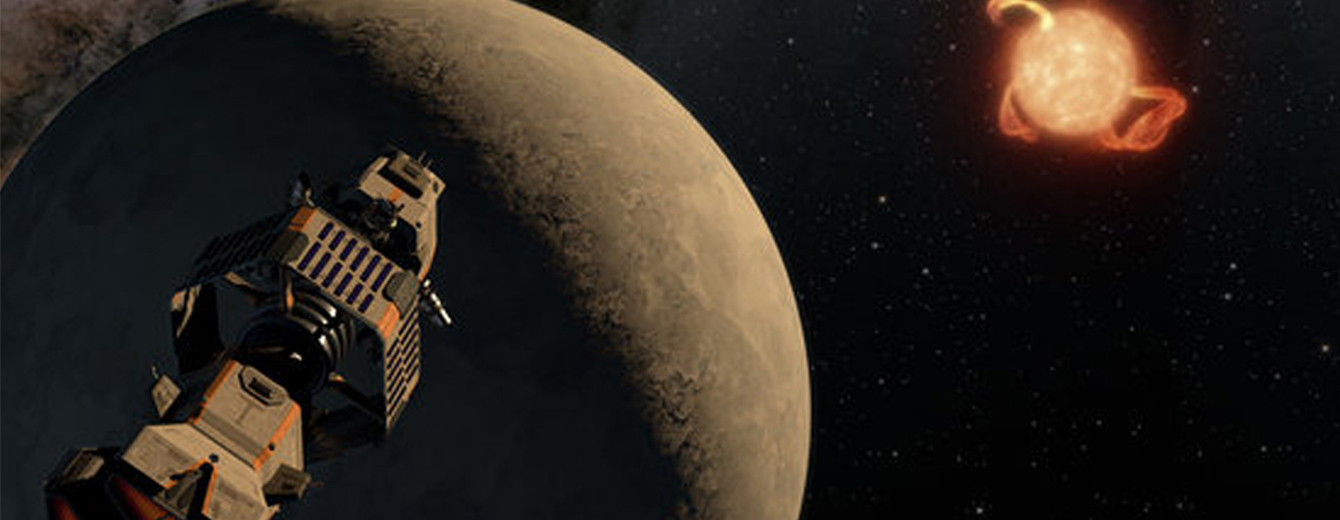 An artist’s visualization depicts a fictional spaceship examining the impact of a host star on one of its orbiting planets.