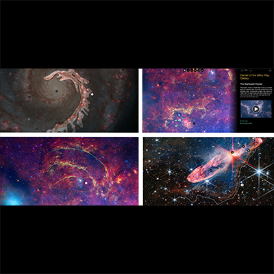 Four astronomical objects appear in quadrants separated by heavy white lines. In each, features are highlighted in some manner. The upper-left image suppresses all but one arm of a spiral galaxy with a darkened overlay to showcase pink star-forming regions. The upper-right quadrant shows a colorful field of dust and gas. Dotted green lines and arrows point out a ridge being shaped by a nearby feature. A modal over this quadrant's image provides details about the features. In the bottom-left image, dotted green lines demonstrate the structure of the red, blue, and yellow  gas and dust. In the bottom-right quadrant jets of hot gas shoot out from central stars.  A white dashed line outlines the edge of the nebula.