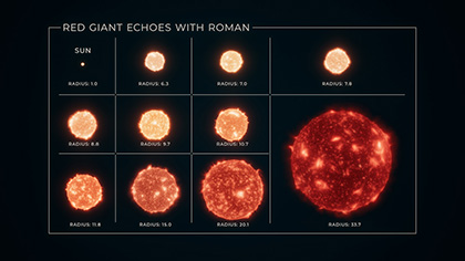 Mosaic titled “Red Giant Echoes with Roman,” which shows 11 artist’s concepts of stars, including the Sun and 10 red giants of various radii against a black background. The illustrations are organized roughly into three rows with the grid size of the largest red giant star, located in the bottom right, the equivalent of two rows. Each star is depicted as a bright and blotchy orb. Starting with the mosaic’s smallest star, the Sun, in the top left corner and shifting to the right before moving to the next row, the illustrations become gradually larger and change from shades of light orange to red-orange. Each star’s radius is placed at the bottom of its grid. From left to right, the four light orange stars in the top row are listed with the following radii: Sun, Radius 1.0; Radius 6.3; Radius 7.0, and Radius 7.8. The second row has three orange stars and reads: Radius 8.8; Radius 9.7; and Radius 10.7. The third has four red-orange stars and reads: Radius 11.8; Radius 15.0; Radius 20.1; and Radius 33.7.