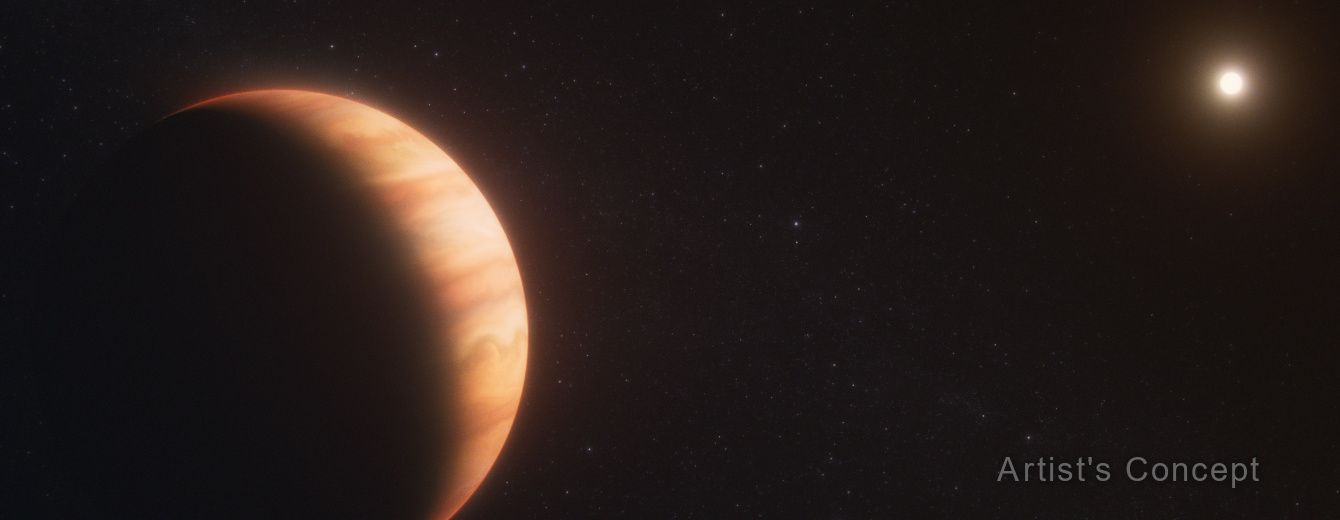 An orange gas giant planet at left, taking up about one-third of the frame, facing a star, which appears at top right as a far smaller bright dot. The planet has subtle orange cloud bands. The star illuminates the right side of the planet like the crescent of a waxing moon. Both are on the black background of space. The words “artist’s concept” are in the bottom right corner.