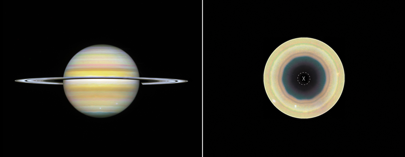 Side-by-side comparison of two views of the gas giant Saturn, labeled “August 29, 2025” at the top left corner. At left is a straight-on view of Saturn, a globe with pale yellow horizontal bands at the equator and orange and pink at the mid-latitudes. Some bands towards the north and south pole have a light blue hue. There are prominent horizontal rings circling at the equator. At right, labeled “Saturn’s south pole,” the south-polar view of Saturn shows concentric bands in its atmosphere, mostly tan and orange, surrounding a dark central region that has a 10-sided outline. A small, dashed circle at the very center of the pole with an “X” inside denotes missing data.