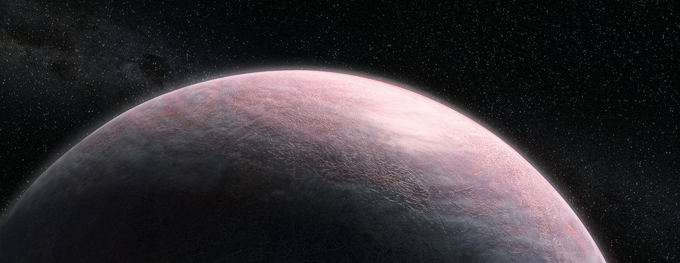 Illustration showing the top half of a rocky exoplanet against the black background of space. The planet has a wispy, cloudy atmosphere. Its surface closest to us is shrouded in darkness, while the area further away is illuminated by a star out of view.