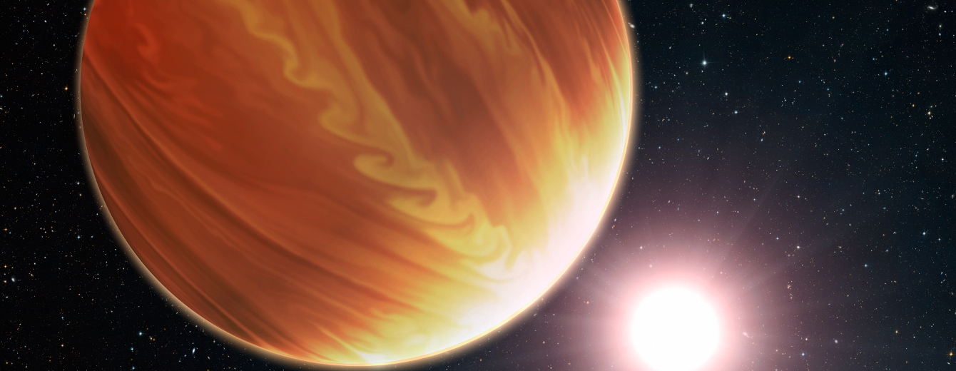 Illustrated orange and cream colors swirl on the surface of a planet in the foreground, with a bright star not unlike the Sun, and faint starfield, in the background.