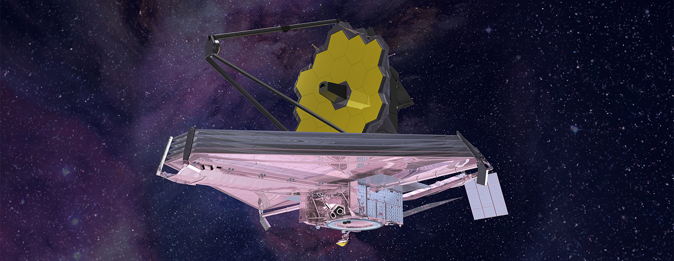 James Webb Telescope seen from its left (or port) side. This view shows part of the bottom of the telescope’s multi-layered sunshield, primary mirror, mirror support struts, and much more.