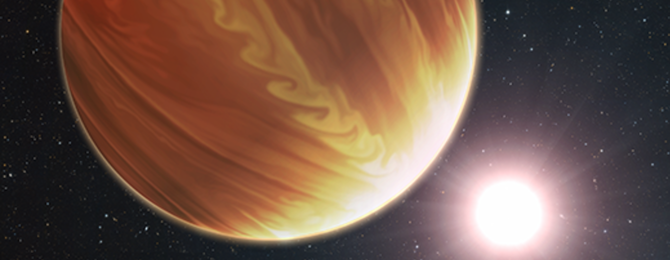 Illustrated orange and cream colors swirl on the surface of a planet in the foreground, with a bright star not unlike the Sun, and faint starfield, in the background.
