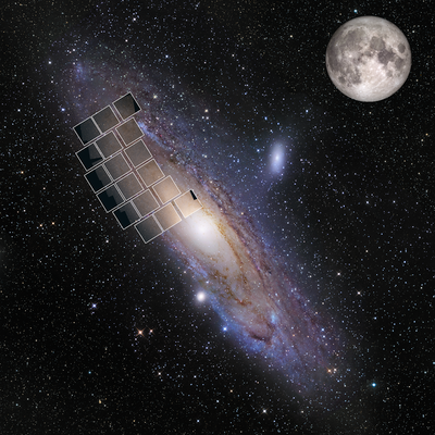 Graphic showing a simulated W First (Roman Space Telescope) image of a portion of the Andromeda galaxy overlaid on a ground-based image of Andromeda, with a photograph of the full Moon for scale.