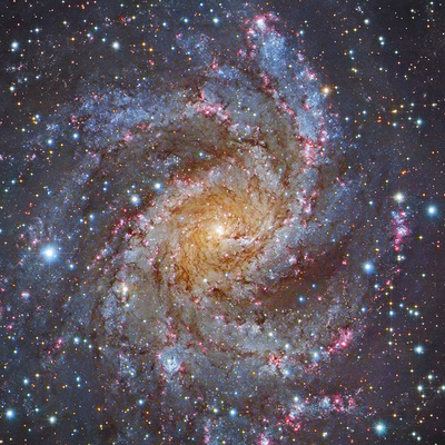 Spiral galaxy with winding arms of red and blue stars.