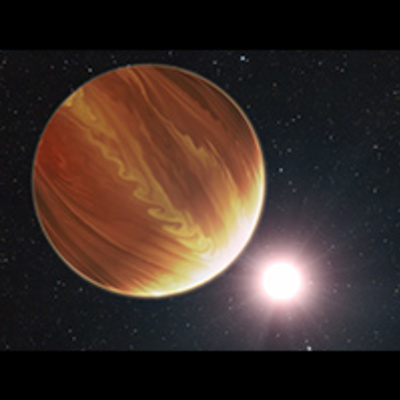 Illustrated orange and cream colors swirl on the surface of a planet in the foreground, with a bright star not unlike the Sun, and faint starfield, in the background.