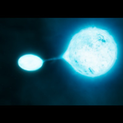 Illustration of a pair of hot and bright O stars transferring mass from one star to another