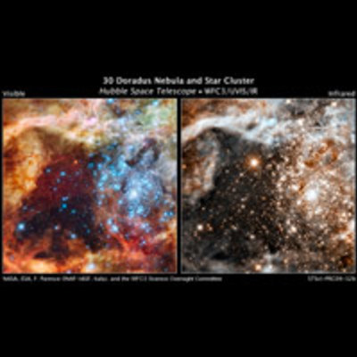Framed side-by-side comparison of 30 Doradus as seen by the Hubble Space Telescope. The image on the left is titled “Visible” and the image on the right is titled “Infrared.” Title text toward the bottom reads “30 Doradus Nebula and Star Cluster, Hubble Space Telescope, WFC3/UVIS/IR.”