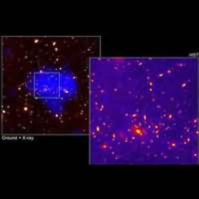 Views of Galaxy Cluster MS1054-0321 From Ground and X-Ray Observatories (left) and Hubble (right)