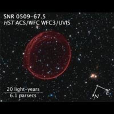 Image titled “SNR 0509-67.5, HST ACS/WFC WFC3/UVIS” with compass arrows, scale bar, and color key.