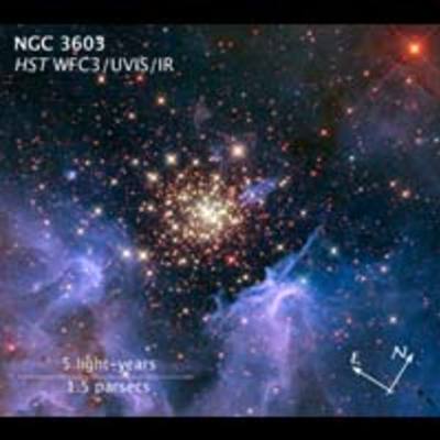 Image titled “NGC 3603, HST WFC3” with compass arrows, scale bar, and color key.