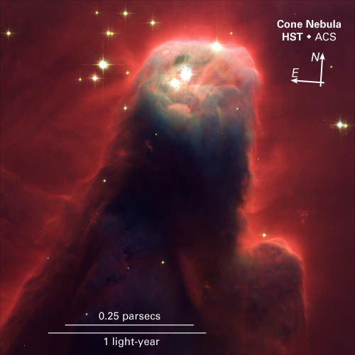 HST/ACS Visible-Light Image of the Cone Nebula With Outline of the NICMOS Infrared-Light Image
