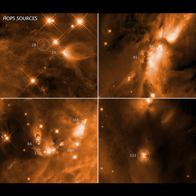 These four annotated images, taken with Hubble in infrared light, reveal the chaotic birth of stars in the Orion complex