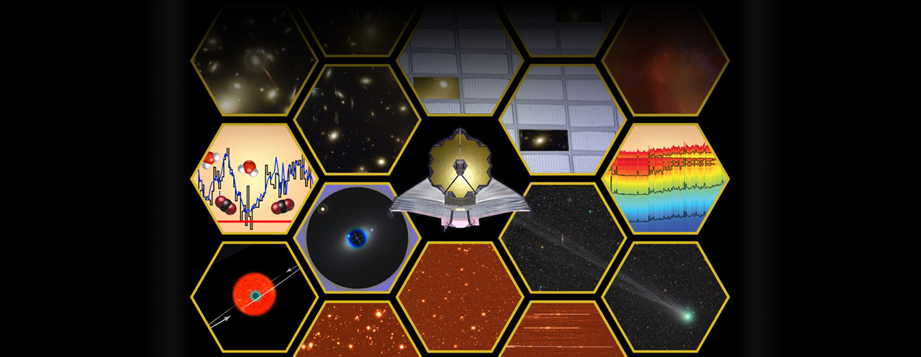Illustration of a portion of the James Webb Space Telescope's primary mirror. Each segment is outlined in yellow and contains a different image to represent Webb's scientific capabilities and the types of objects it is designed to observe.
