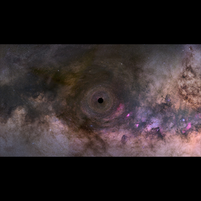 Illustration of a black hole warping star-forming regions and dust arms of Milky Way galaxy