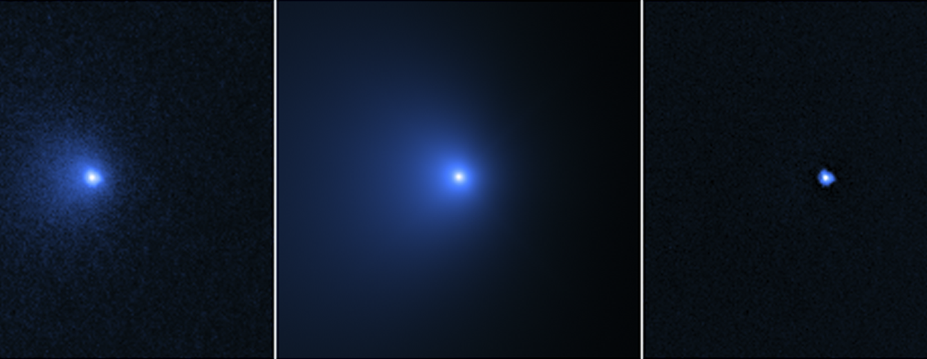 Three panels with image of comet, a model, and a subtracted version just showing the nucleus of the fuzzy blue blob