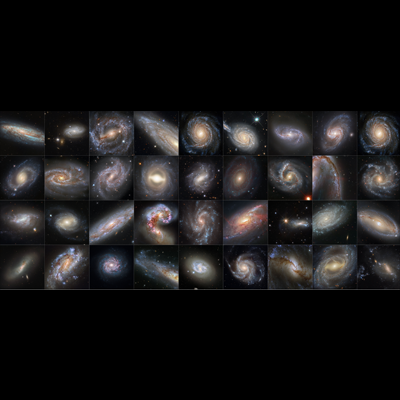 Collage of 36 colorful spiral and interacting galaxies