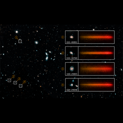 A portion of the Hubble Ultra Deep Field containing hundreds of galaxies. Four spiral galaxies, labeled 1 through 4, are called out with white boxes at right.
