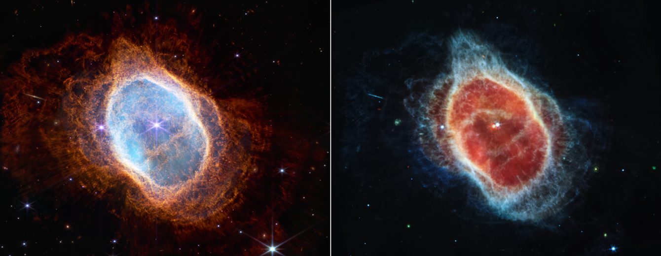 Colorful side-by-side images show the near-infrared (left) and mid-infrared (right) light of a planetary nebula with shells of glowing cloud-like material illuminated by central stars.