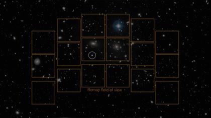 Video opens with a Hubble Space Telescope view of the Coma Cluster, which is made up of over 1,000 galaxies. At the center of the screen, a small open box with a white outline that representing Hubble’s field of view appears, before fading. The video zooms out to show a vastly wider field. Next, Roman’s field of view, made up of 18 larger boxes and outlined in gold appears. Three bright points appear in various Roman detectors.