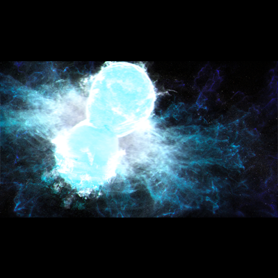 Two bright blue circular shapes that appear to be joined are left of center. They are illustrations of neutron stars merging. Debris, which is also white and bright blue, emanates in misshapen patterns primarily from where they are joining at the center.