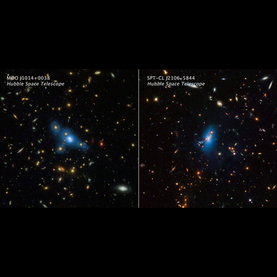 兩張並排的圖像顯示了數十個不同顏色、形狀和大小的星系。 在每張圖片的中心,都有一團星系在幽靈般的藍光中。