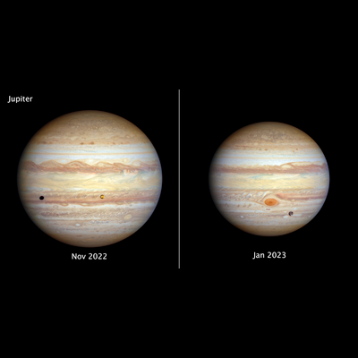 巨型氣體行星木星的兩個視圖並排顯示以供比較。