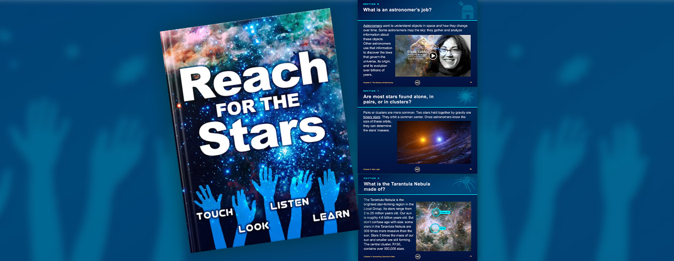 Image of a book on the left  titled, “Reach for the Stars” along with 3 sample pages on the right side, over a blue background with and illustration of hands reaching up at star shapes.