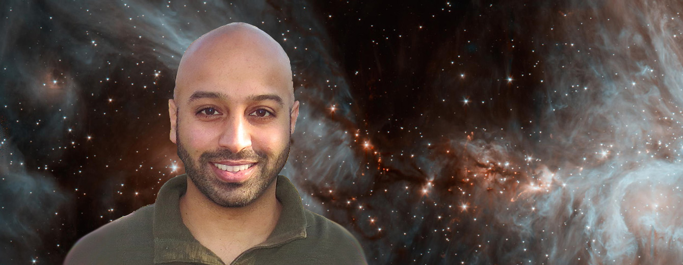 Head-shot of Dr. Jason Kalirai over an astronomical image of a nebulous field of stars