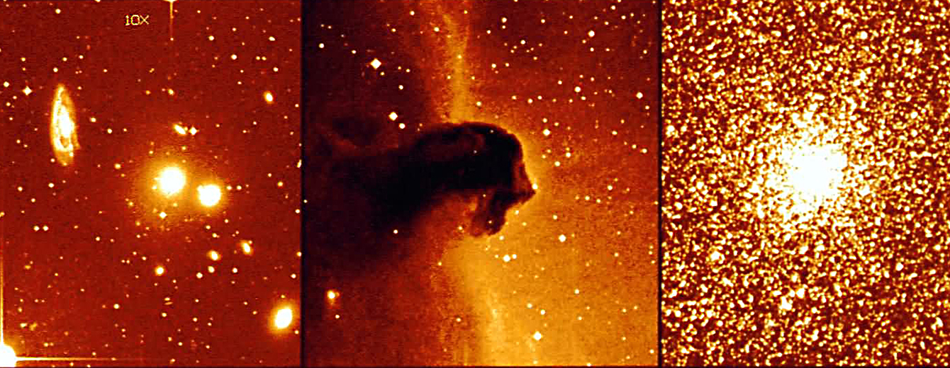 A row of three orange monochromatic images serve as a sampling from the Digitized Sky Survey (DSS). On the left is a sky survey image, in the center is a picture of the "Horsehead Nebula," and on the right is a globular star cluster.