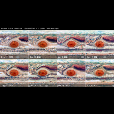 Eight Hubble images showing Jupiter's Great Red Spot. The GRS appears as a bright red oval in the middle of cream-colored cloud bands. The images trace changes in the GRS's size, shape, brightness, color, and twisting, over a period of 90 days between December 2023 and March 2024.