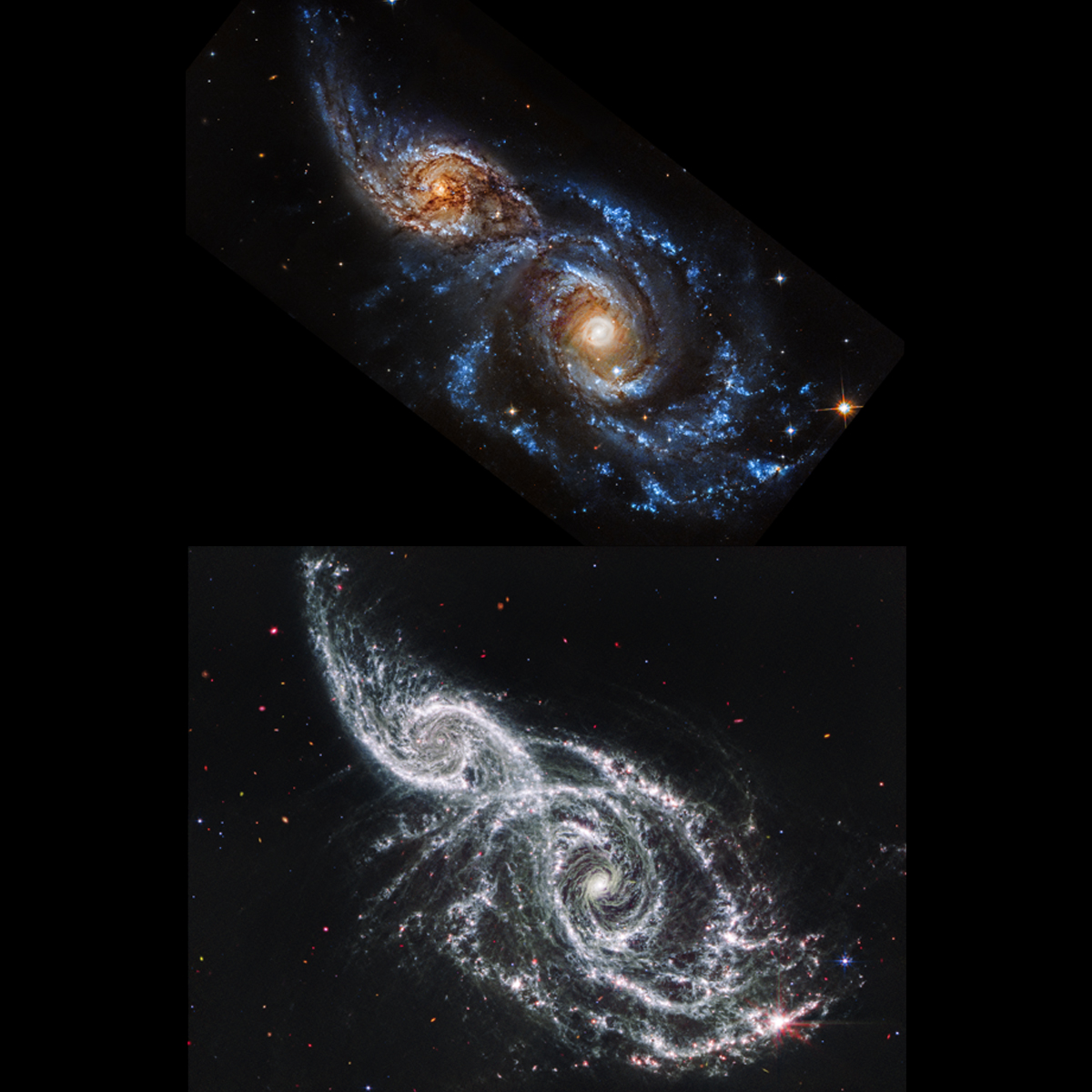 Galaxies IC 2163 and NGC 2207 (Hubble and Webb Images Side