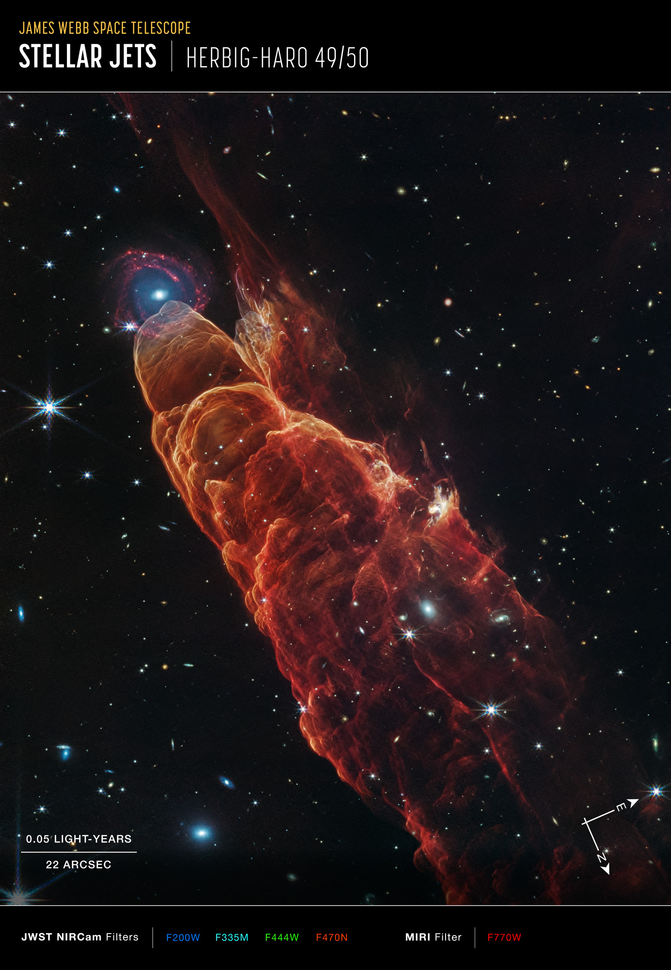 Angled from the upper left corner to the lower right corner is a cone-shaped orange-red cloud known as Herbig-Haro 49/50. This feature takes up about three-fourths of the length of this angle. The upper left end of this feature has a translucent, rounded end. The conical feature widens slightly from the rounded end at the upper right down to the lower right. Along the cone there are additional rounded edges, like edges of a wave, and intricate foamy-like details, as well as a clearer view of the black background of space. In the upper left, overlapping with the rounded end of Herbig-Haro 49/50, is a background spiral galaxy with a concentrated blue center that fades outward to blend with red spiral arms. The background of space is speckled with some white stars and smaller, more numerous, fainter white galaxies throughout.