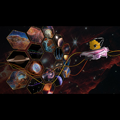 Illustration of the James Webb Space Telescope at the right with its gold, hexagon-shaped primary mirror and multi-layer sunshield. At left is a representation of its 18 primary mirror segments, which takes up about two-thirds of the view. Each segment is outlined in yellow and contains a different Webb image, artist’s concept, or spectrum (graph). The images display dying stars puffing off layers of gas and dust, spiral galaxies, planets, and deep fields of space spattered with fuzzy white galaxies. Three yellow, orange, and red wavy lines appear atop everything else, running left to right. The backdrop shows filaments of red gas and dust, white and blue stars, and distant galaxies, all against the black background of space.