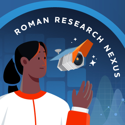 Illustration shows a person whose hand is raised and close to the Roman Space Telescope body floating in space next to small white stars. Words at the top read: Roman Research Nexus.