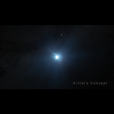Illustration showing a small circular white object on the black background of space speckled with dim stars. The object is glowing, and rays of soft light emanate in all directions. The words “Artist’s Concept” are at the lower right.