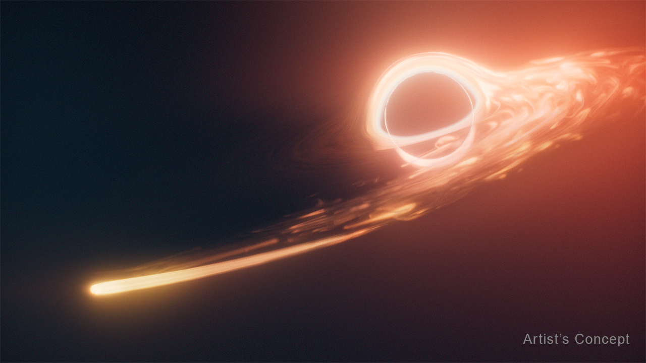 An illustration. At upper right is an outline of a bright orange circle, with a mostly black interior. The interior represents a black hole. Bright orange lines swirl several times around the circle, with one narrow orange band crossing in front, representing light that is gravitationally lensed by the black hole. To the right, set off by an orange and red haze, are irregular streaks of orange gas that fan out, arcing toward the viewer and all the way to the left. The line becomes more continuous toward the left, ending in what looks like a bright orange teardrop. This teardrop represents a star being shredded as it approached a black hole. Text at the lower right reads, artist’s concept.