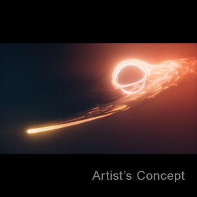 An illustration. At upper right is an outline of a bright orange circle, with a mostly black interior. The interior represents a black hole. Bright orange lines swirl several times around the circle, with one narrow orange band crossing in front, representing light that is gravitationally lensed by the black hole. To the right, set off by an orange and red haze, are irregular streaks of orange gas that fan out, arcing toward the viewer and all the way to the left. The line becomes more continuous toward the left, ending in what looks like a bright orange teardrop. This teardrop represents a star being shredded as it approached a black hole. Text at the lower right reads, artist’s concept.