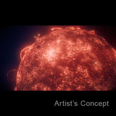 Artist’s concept of a star and planet. The star takes up the majority of the of the illustration. It is orange with many flares, the surface resembles lava. The planet appears as a small, dark grey silhouette passing in front of the star.