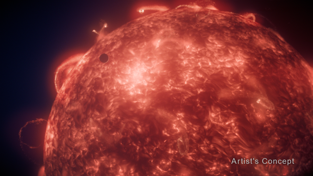 Artist’s concept of a star and planet. The star takes up the majority of the of the illustration. It is orange with many flares, the surface resembles lava. The planet appears as a small, dark grey silhouette passing in front of the star.
